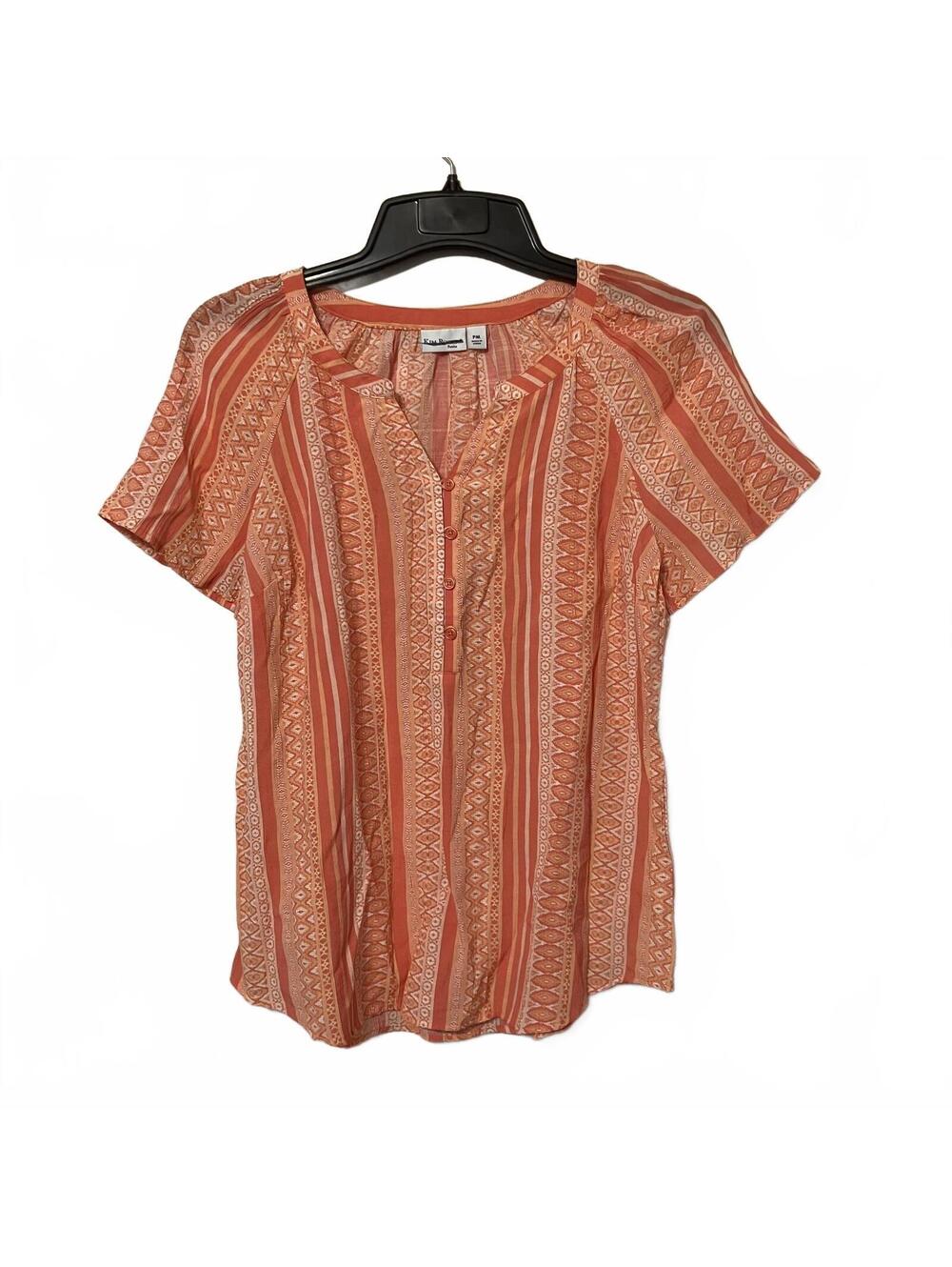 Kim Rogers Preppy Coral Orange Striped Coastal Short Sleeve Top Medium Petite
